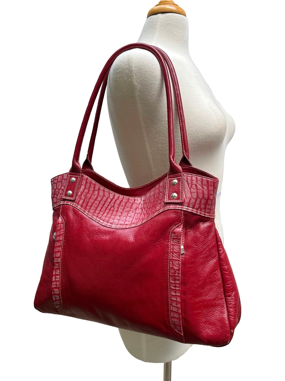 Y2K Genuine Leather Burgundy Croc Embossed Oversized Tote Bag
